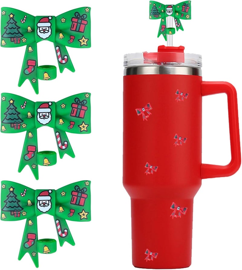 HIUSITY Christmas Bow Straw Cover Topper for Stanley Cup,Silicone Straw Toppers for Tumbler with Handle 40oz,Cute 10mm/0.4in Straws Covers Cap,Reusable Straws Lid for Stanley Cups Accessories,3Pcs GRE - Image 1